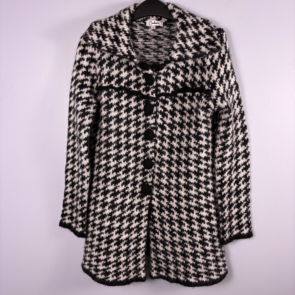 Vintage Carducci Black & White Houndstooth Knit Coat‎ Cardigan (S) Mohair Wool